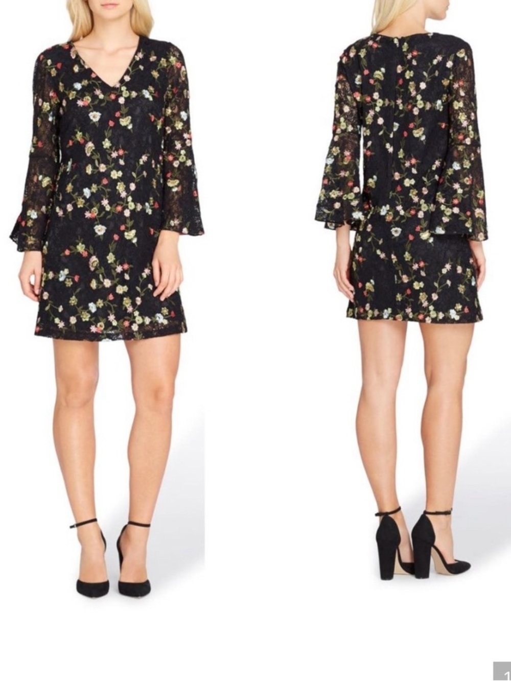 Tahari Floral Embroidered
Sequins Black Lace Bell Sleeves
Shift Dress Size 10